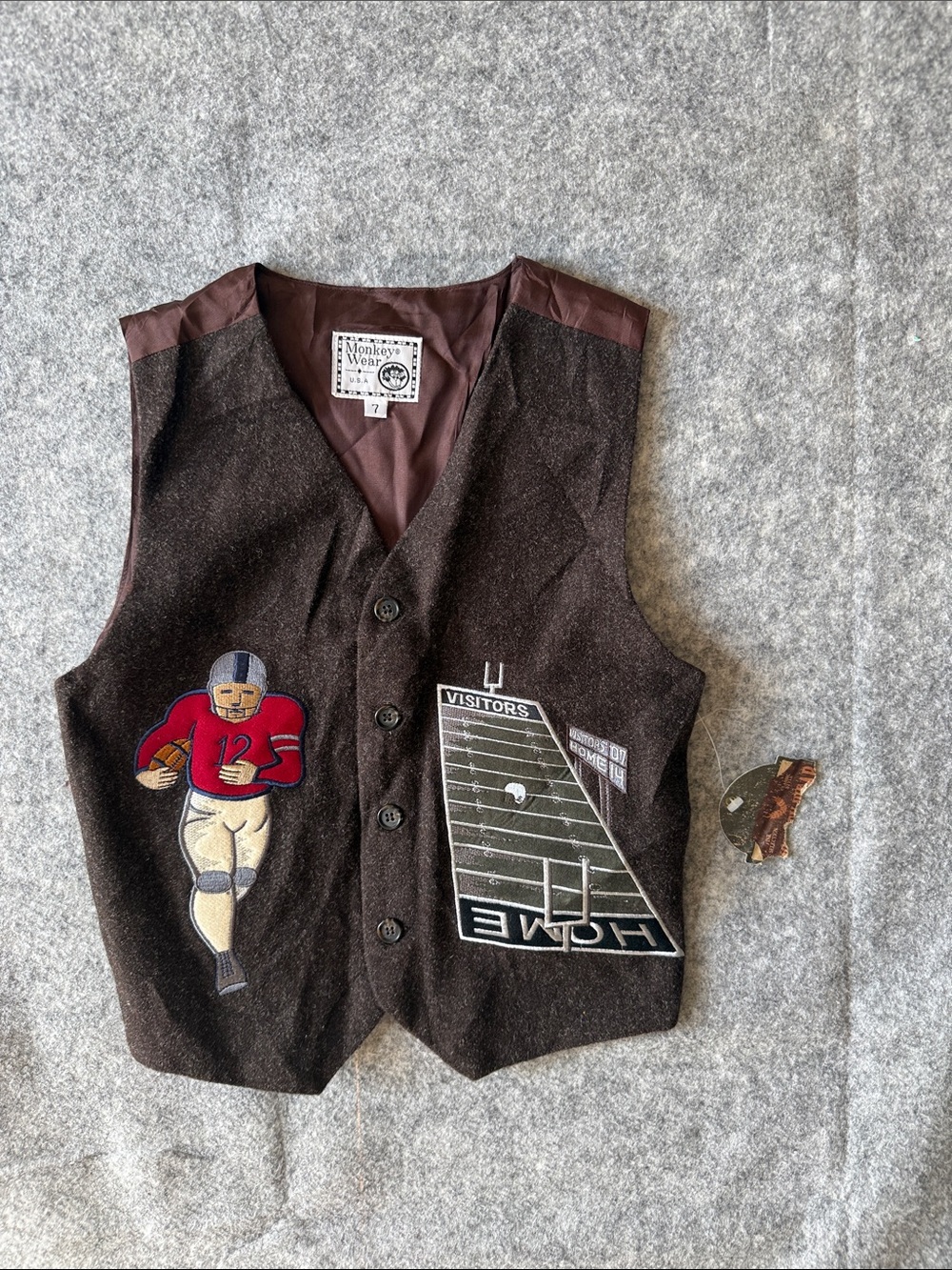 Vintage 90s Monkey Wear Football Embroidered Wool Blend Brown Vintage Vest sz 7
